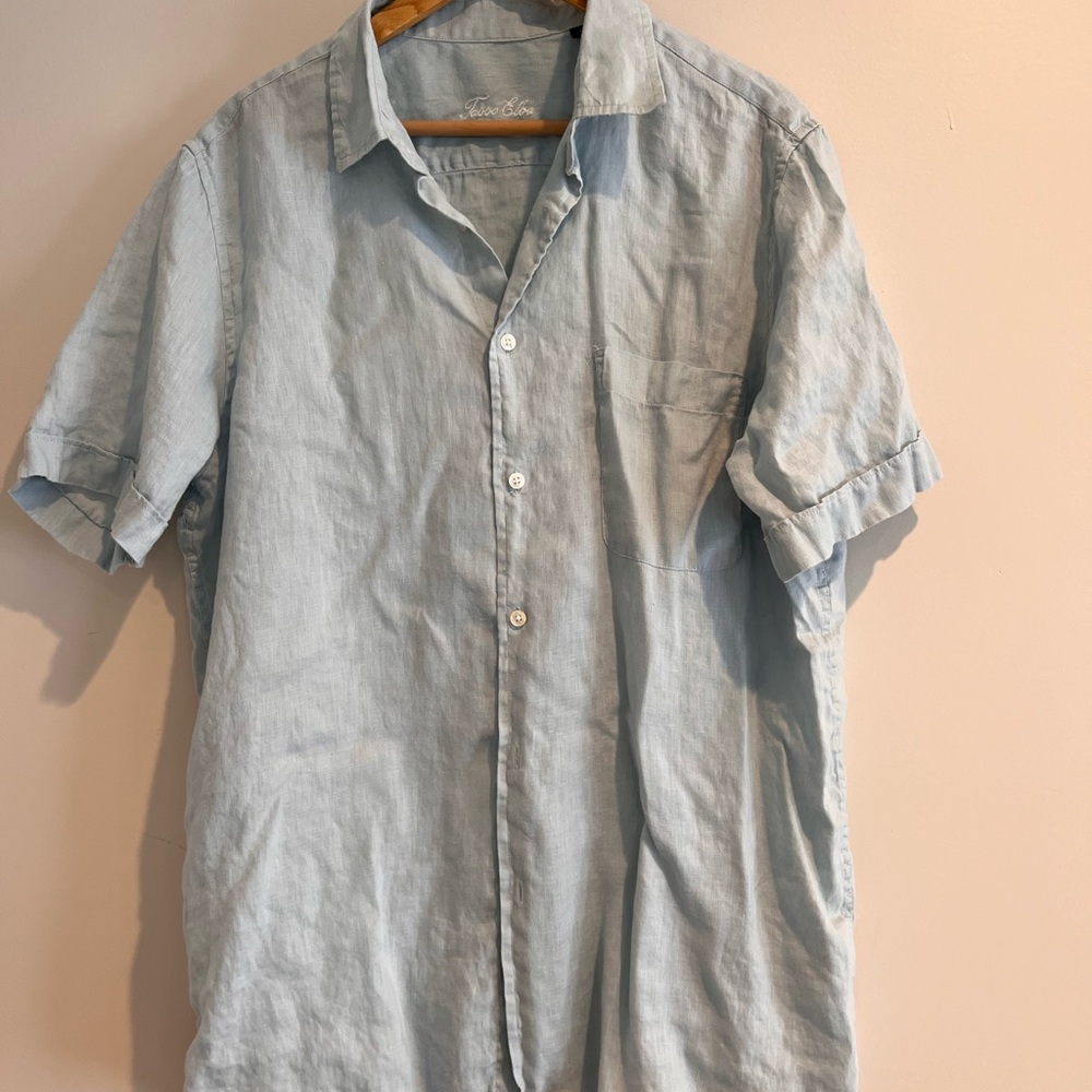 Men’s Tasso Elba Aqua Blue Short Sleeve 100% Linen Shirt Button Down Resort XL